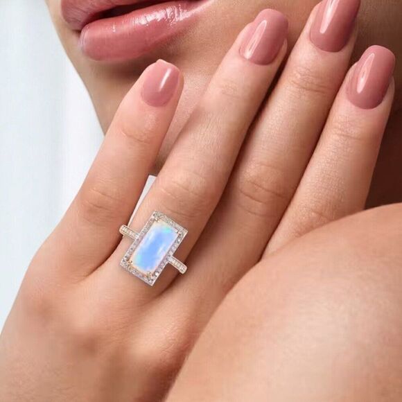 10k Gold Natural Opal Ring -Size 9- 2.80cttw Blue Opal & Halo Diamond Ring -4.3g - Picture 11 of 16